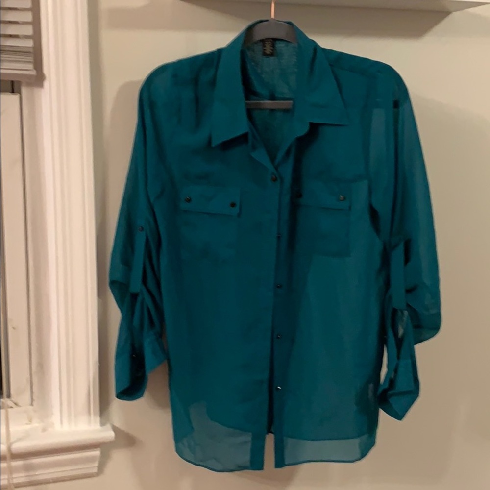 Kenneth Cole sheer turquoise button up
